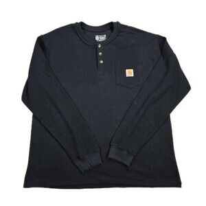 Mens Carhartt Heavyweight Henley Thermal Long Sleeve T Shirt XL Navy Blue